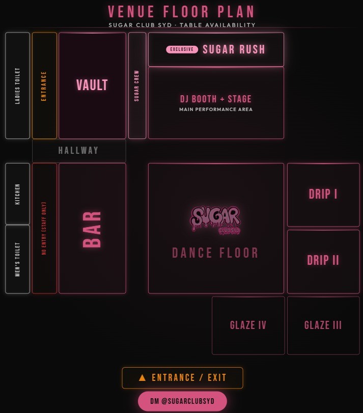 Sugar Club Syd venue floor plan and table availability